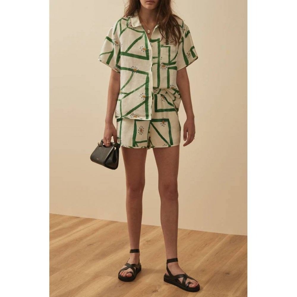Commense Green Geometric Printed Button Down Shirt & Shorts Matching Outfit S